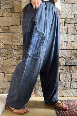 Lindin Linen Blend Crochet Flower Barrel Pant Washed Navy